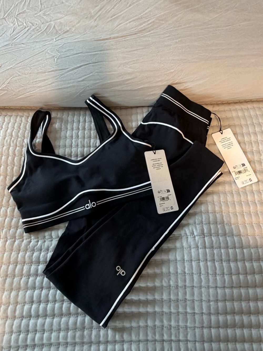 ALO Yoga Black Heart Throb Bra and Legging Set